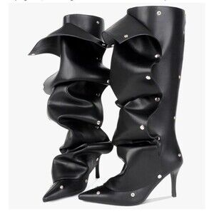 Eusibb Slouch Pointed Toe Knee High Boots Stiletto 8.5 Heel Pull On Convertible